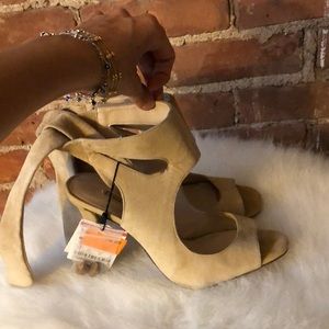 Tan Suede tie sandal heels- new with tags
